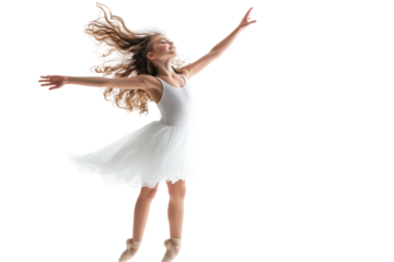 Young ballet dancer in white dress performing a graceful pose isolated on transparent background. Graceful young ballet dancer in white tutu in dynamic pose isolated on white background.