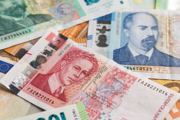 Bulgarian Leva and Euro Banknotes Scattered Full Frame Background