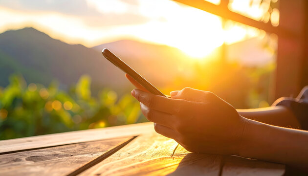 Warm sunlight mobile phone hand wooden table natural light sunset outdoor cozy warm tone messaging flow gently over peaceful evening moment with soft glow and calm mood