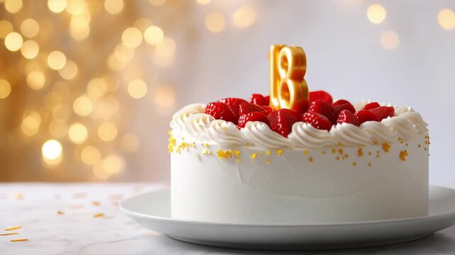 On the table is a cake with the number 18 made of white mastic and red cake decoration against a white background with golden bokeh and white studio background

