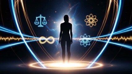 Empowered woman stands amidst universal symbols and cosmic energy streams, representing balance, science, and infinity, a modern and dynamic concept - Powered by Adobe