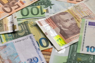 Bulgarian Leva and Euro Banknotes Scattered Full Frame Background