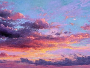 Impressionistic Evening Sky Painting Vibrant Purple Orange Pink Clouds Sunset Cloudscape Art Abstract Atmosphere Scenery
