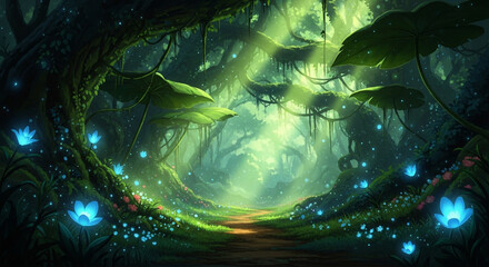Fantasy forest with magical light and glowing flowers in a fairytale scene