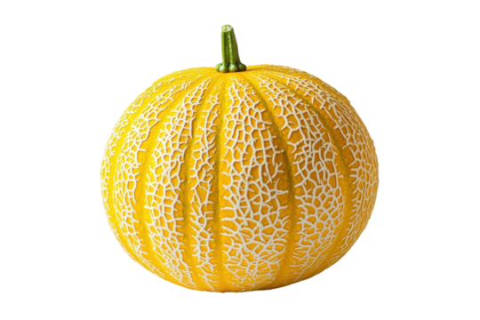 Yellow cantaloupe melon with textured rind isolated on transparent background. Ripe cantaloupe melon with yellow rind and textured surface isolated on white background.