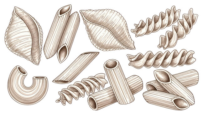 Assorted pasta shapes in sepia tone drawing isolated on a transparent background macaroni penne