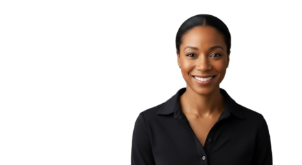 Smiling 35-40 Black woman, professional event lighting designer for winter weddings, in practical black attire, isolated on transparent background. Perfect for business profiles, event planning,