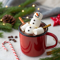 Festive winter holiday drinks like christmas mulled wine, hot chocolate, and seasonal cookies are cozy decorations for the season