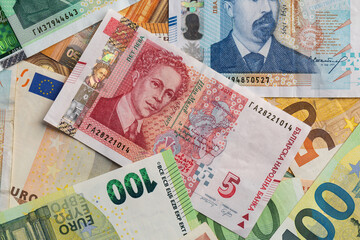 Bulgarian Leva and Euro Banknotes Scattered Full Frame Background