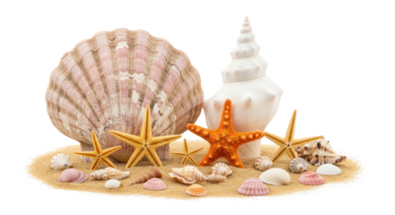 Assorted Seashells and Starfish on Sand isolated on a transparent background ocean beach