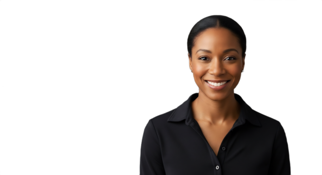 Smiling 35-40 Black woman, professional event lighting designer for winter weddings, in practical black attire, isolated on transparent background. Perfect for business profiles, event planning,