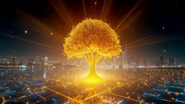 Golden glowing tree with radiant crown over illuminated city grid at night with light beams