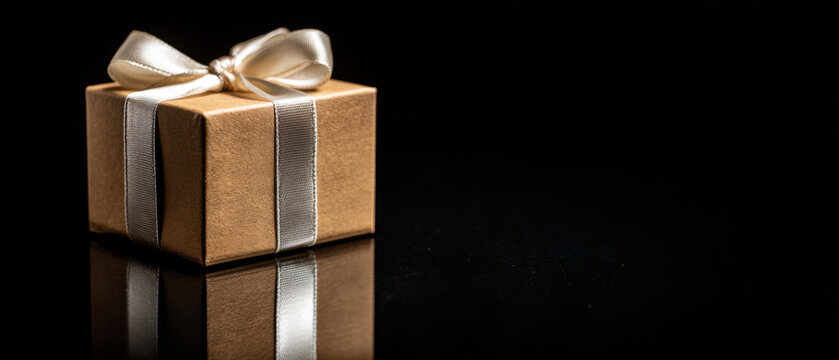 A golden gift box with a silver bow on top sits against a black background, reflecting in the surface below it