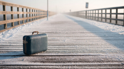 A blue suitcase sits on a snowy pier, suggesting someone has been left behind or forgotten
