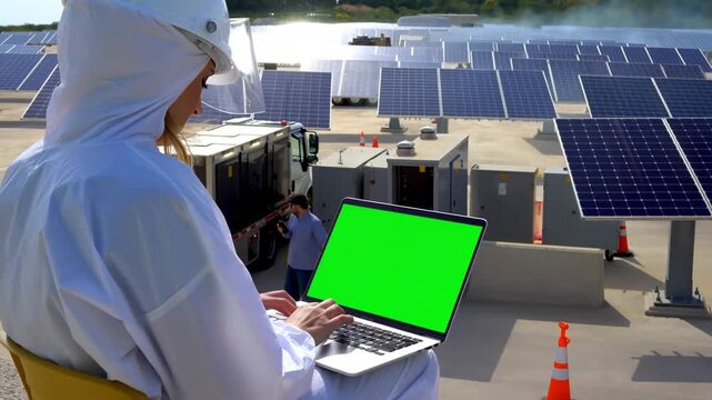 Technical Professional Analyzing Solar Energy Data on Laptop Amidst Photovoltaic Panels in a Sustainable Energy Facility.