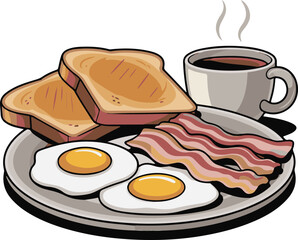 Fried eggs bacon toast and coffee on a plate breakfast food vector illustration EPS file download.
