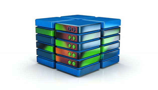 3D render of blue, green, and orange cube made of rectangular prisms