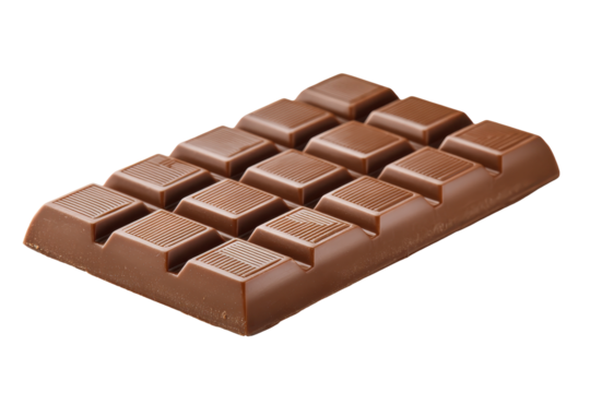 Milk chocolate bar with segmented sections isolated on transparent background. Delicious chocolate bar with square pieces isolated on white background.