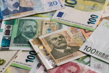 Bulgarian Leva and Euro Banknotes Scattered Full Frame Background