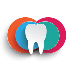 Zahn-Symbol mit bunten Kreisen im Hintergrund, stilisiertes Zahndesign	