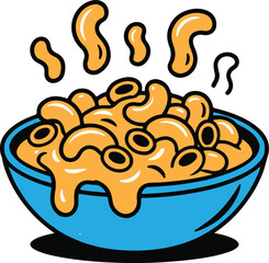 Blue bowl of macaroni and cheese with steam pasta food vector illustration EPS file download.
