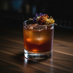 Cocktail with flowers on a wooden table