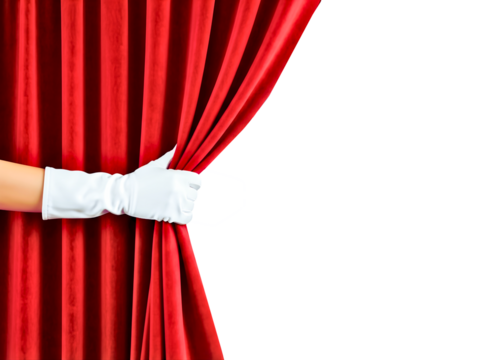Hand in white glove pulling open red theater curtain isolated on transparent background - Powered by Adobe