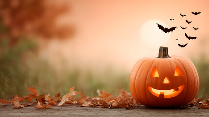 Glowing Jack-o’-Lantern with Flying Bats at Sunset on Wooden Table Surrounded by Autumn Leaves, Halloween Celebration Symbol of Festivity, Mystery, and Seasonal Spirit