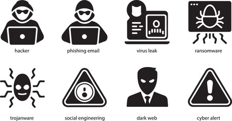 Cybercrime icons hacker phishing virus ransomware trojan social engineering dark web alert