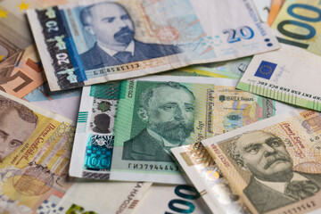Bulgarian Leva and Euro Banknotes Scattered Full Frame Background