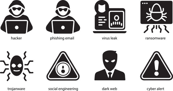Cybercrime icons hacker phishing virus ransomware trojan social engineering dark web alert