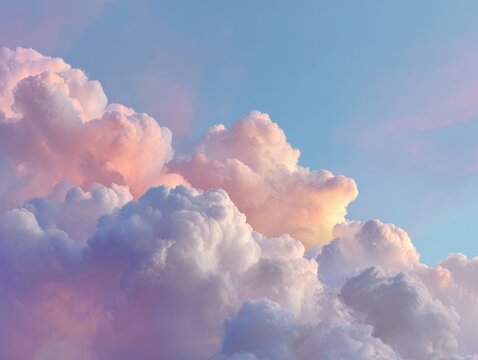 Soft Pastel Clouds in a Vibrant Blue Sky, Dreamy Skyscape with Gentle Pink and Orange Hues at Sunset