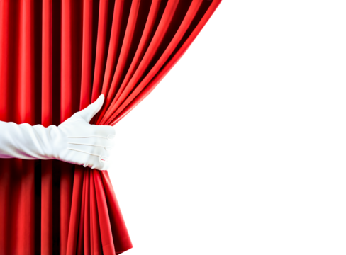 Hand in white glove pulling red theater curtain open isolated on transparent background