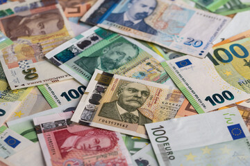 Bulgarian Leva and Euro Banknotes Scattered Full Frame Background