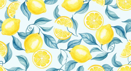 Seamless pattern with fresh lemons and leaves on a light background design