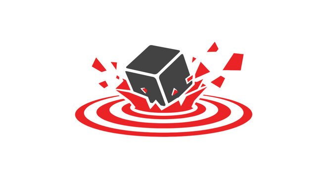 Abstract vector icon illustrating high impact, sudden disruption, or critical failure, represented by a black block striking a central target.