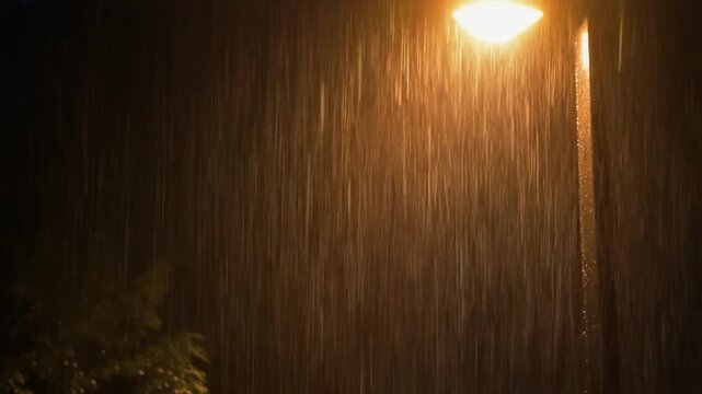 a macro 4K video of rain droplets illuminated by a warm streetlight at night