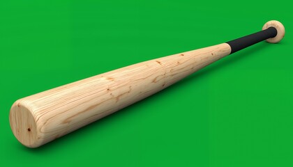Baseball bat on green background showing wood grain and black handle.