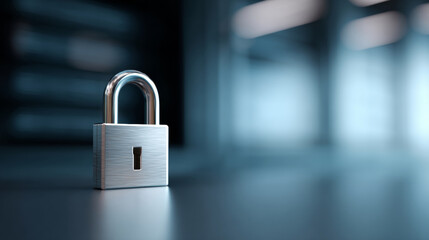 Fototapeta premium A padlock on a table with an open keyhole in front of blurred server racks