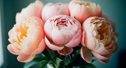 Closeup of a beautiful bouquet of pink peonies in soft light indoors