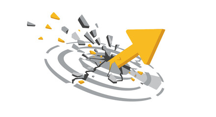 Financial success concept with upward yellow arrow shattering obstacles. Breaking barriers, rapid growth, and business breakthrough illustration.