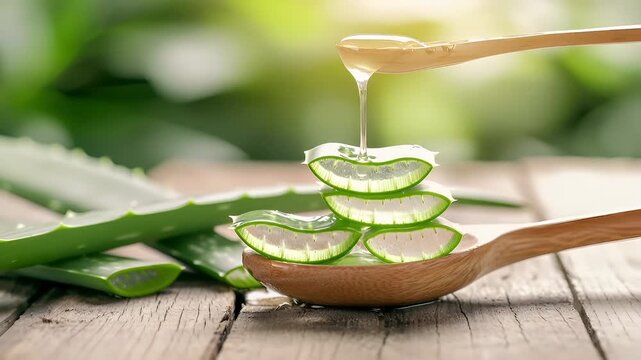 A closeup of a wooden spoon holding aloe vera slices on a wooden surface, with a blurred green background suggesting a natural setting. The spoon is brown with a smooth, glossy finish.