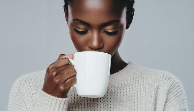 Black woman sipping from a white mug, wearing a knitted sweater. - Powered by Adobe