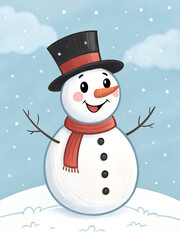 Cheerful Cartoon Snowman with Top Hat, Scarf, and Falling Snow in Winter Scene