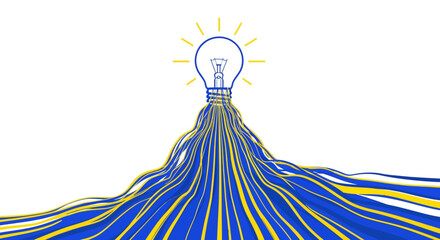 Abstract Idea Flow: Bright Lightbulb Connecting to Wavy Blue and Yellow Information Streams. Conceptual Innovation and Big Data Network.