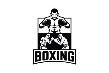 Boxing emblem with two fighters and a muscular boxer above the word.