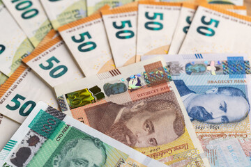 Obraz premium Bulgarian Leva and Euro Banknotes Scattered Full Frame Background