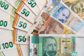Bulgarian Leva and Euro Banknotes Scattered Full Frame Background