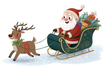 Happy Santa Claus in Sleigh Pulled by Reindeer with Gifts - Christmas Illustration