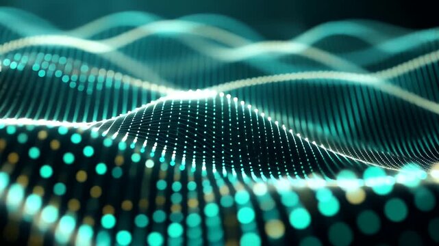 Abstract digital landscape of turquoise and gold dots forming parallel waves against a dark background
